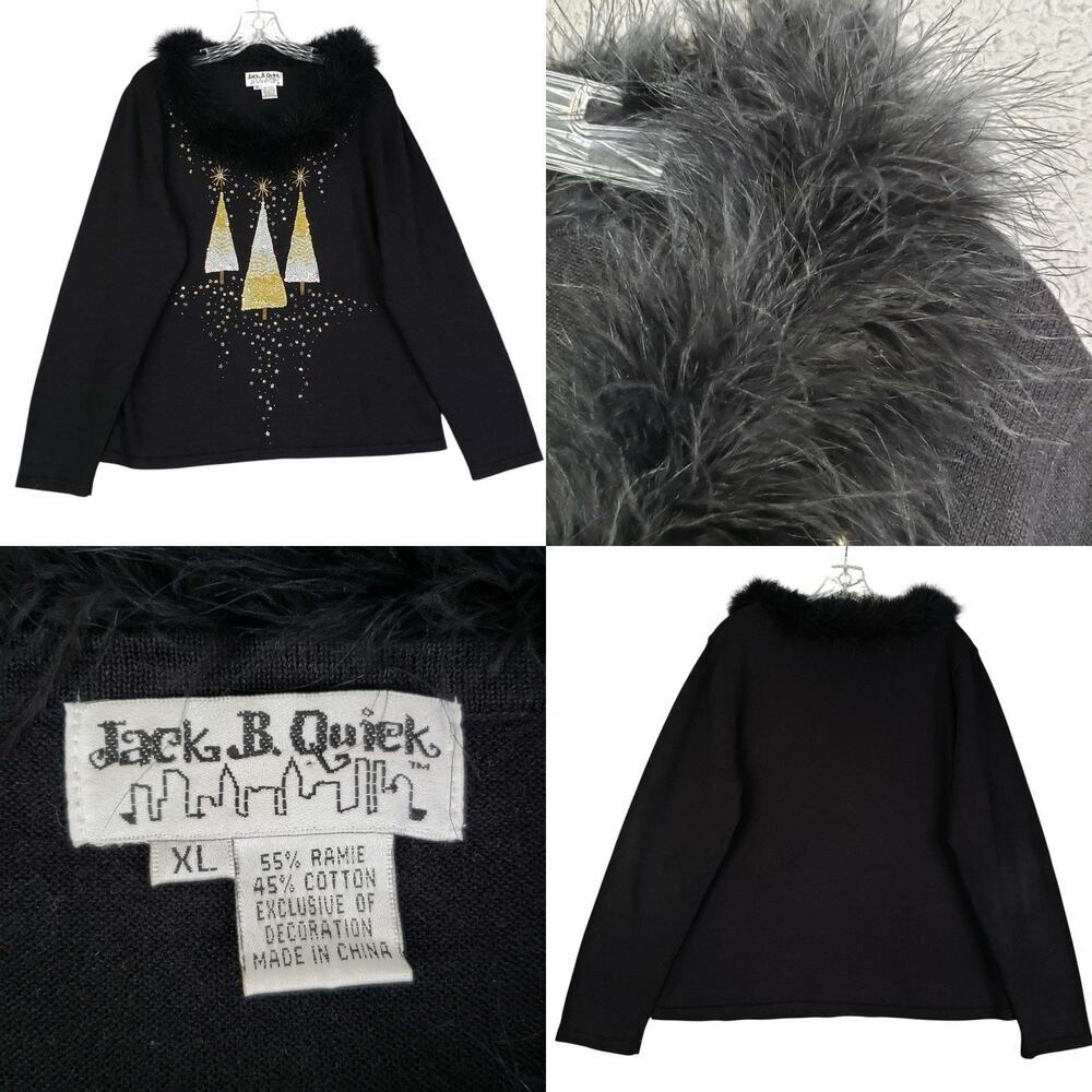 Jack B Quick Sweater Womens Vtg Ugly Christmas Tree XL Black Feather Sparkle